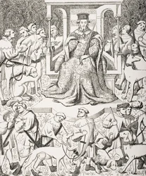 Gaston Phoebus Teaching the Art of Venery or Hunting, after a 15th century miniature of Phoebus and his Staff Hunting Wild Animals and Birds of Prey